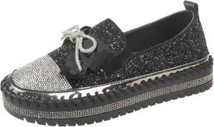 Women's Rhinestones Glitter Platform Slip On Sneakers Casual Cute Bowknot Shiny Walking Shoes Handmade Non-Slip Comfortable Dress Flat Loafers