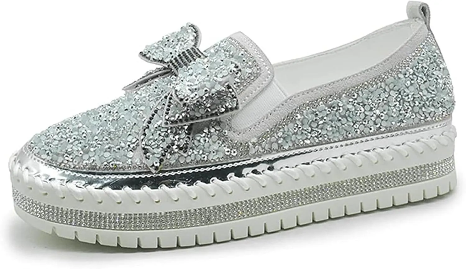 Women's Rhinestones Glitter Platform Slip On Sneakers Casual Cute Bowknot Shiny Walking Shoes Handmade Non-Slip Comfortable Dress Flat Loafers