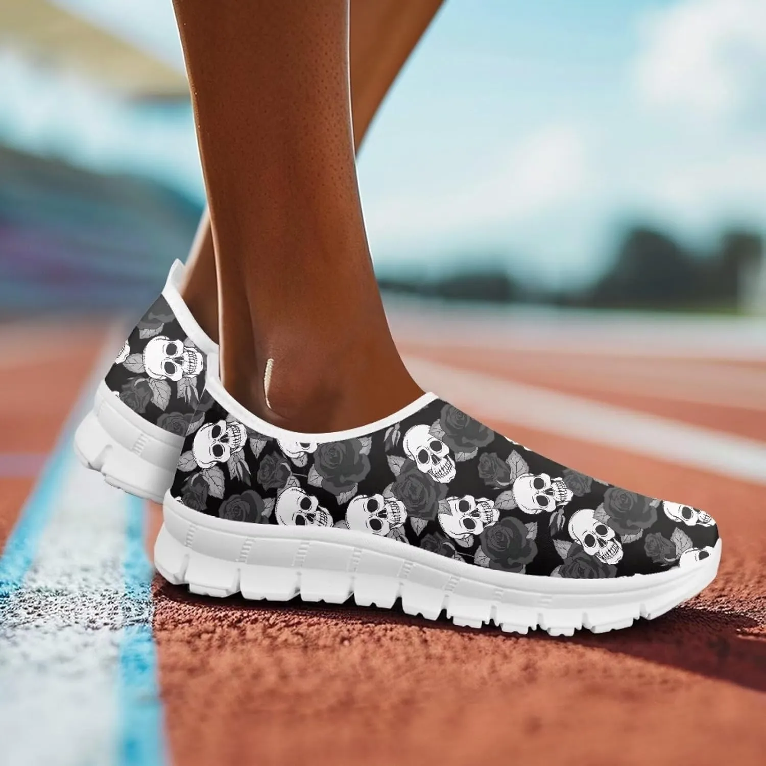 Women's Skull Sneaker Casual Low Top Running Sneaker Outdoor Breathable Slip On Lightweight Soft Shoes for Women