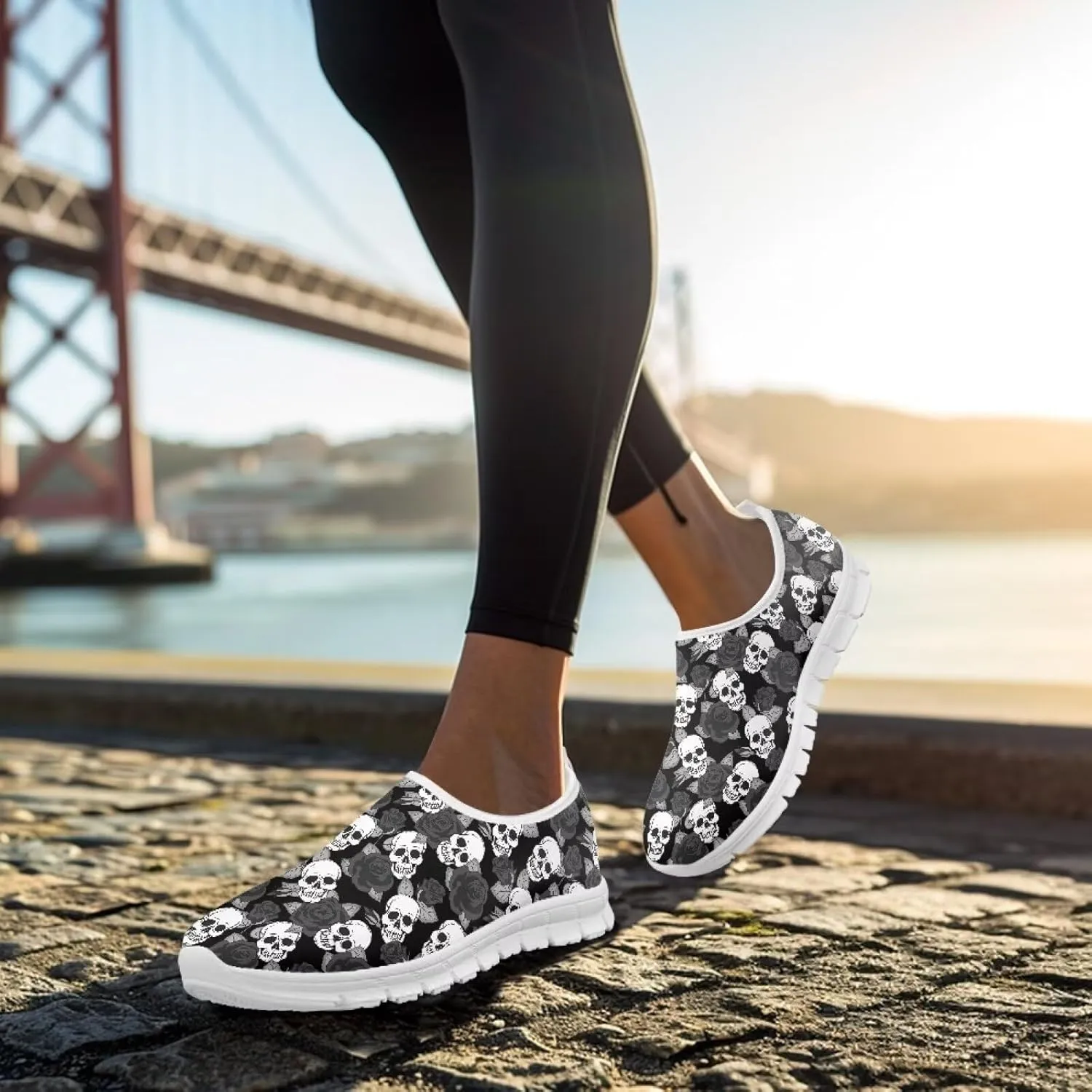 Women's Skull Sneaker Casual Low Top Running Sneaker Outdoor Breathable Slip On Lightweight Soft Shoes for Women