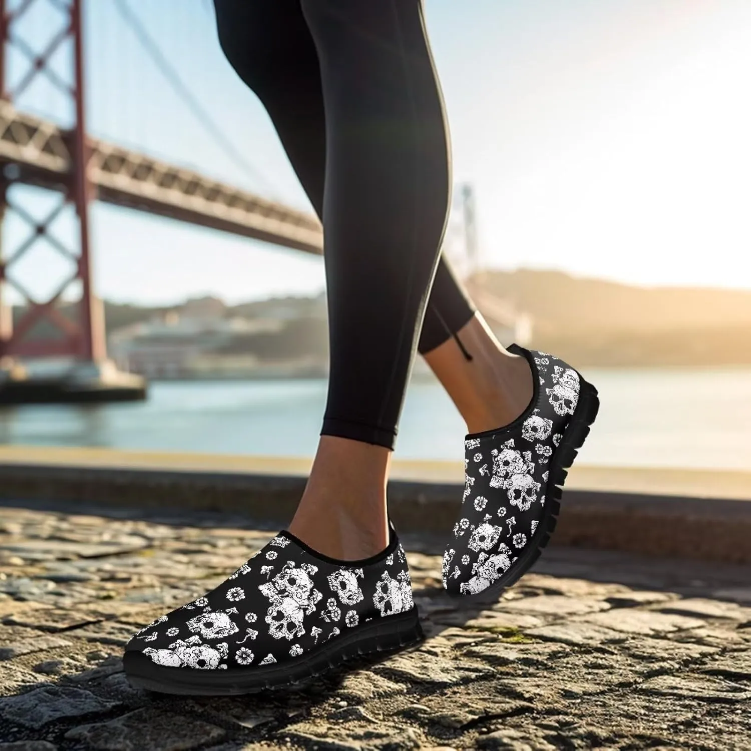 Women's Skull Sneaker Casual Low Top Walking Sneaker Outdoor Breathable Slip On Lightweight Soft Shoes for Women
