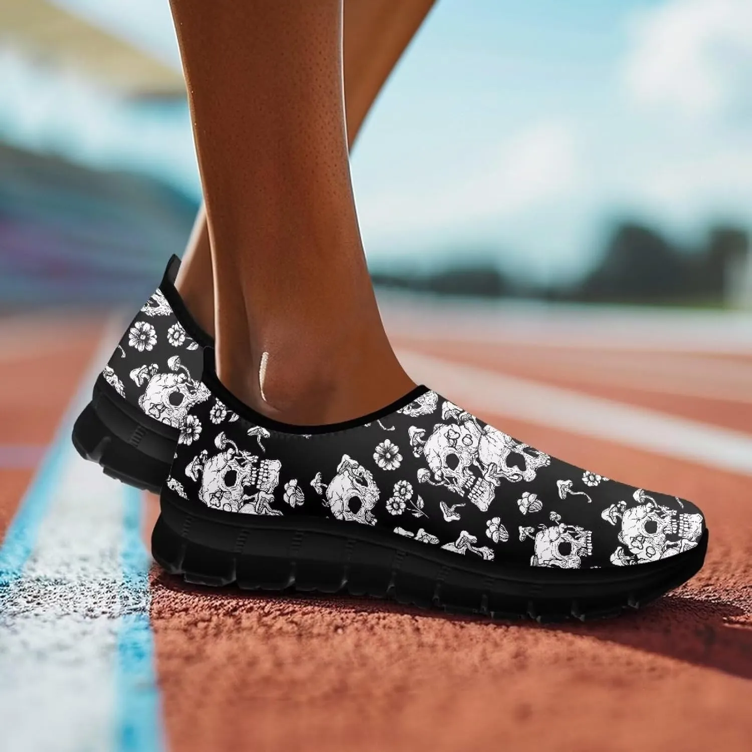 Women's Skull Sneaker Casual Low Top Walking Sneaker Outdoor Breathable Slip On Lightweight Soft Shoes for Women