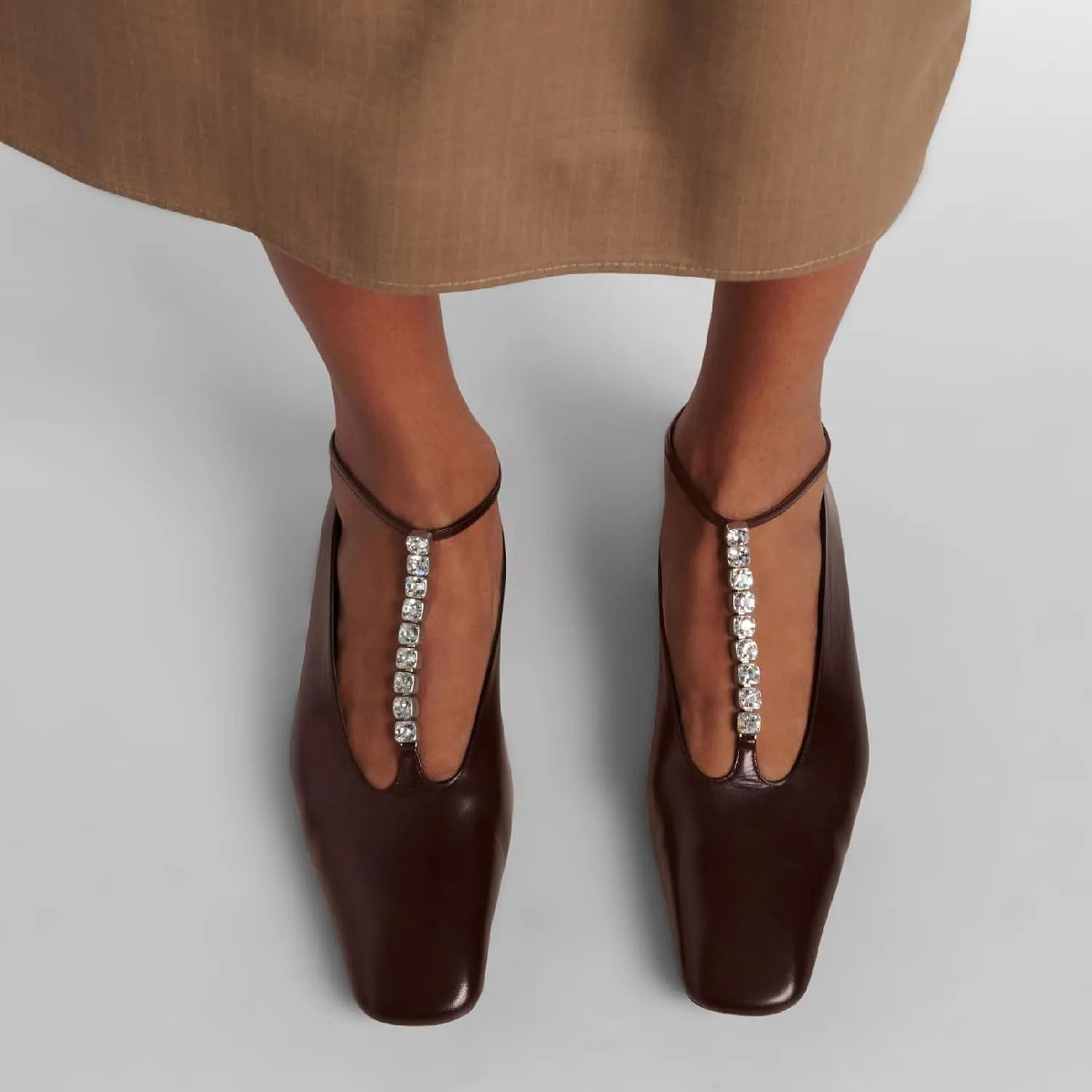 Women's Square Toe Ballet Flats Fashion T-Strap with Crystal Bar Flat Shoes Closed Toe Ankle Straps with Buckle Casual Office Dressy Flats for Women