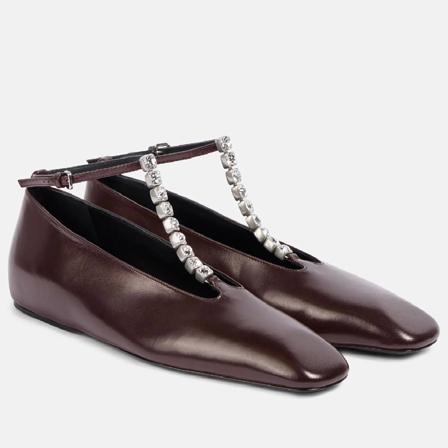 Women's Square Toe Ballet Flats Fashion T-Strap with Crystal Bar Flat Shoes Closed Toe Ankle Straps with Buckle Casual Office Dressy Flats for Women