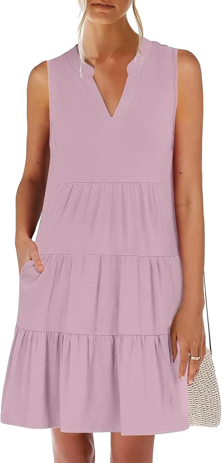 Women's V Neck Mini Dresses Sleeveless Tiered Swing Going Out Beach Sundress Summer Boho Beach Vacation 2025 Outfits