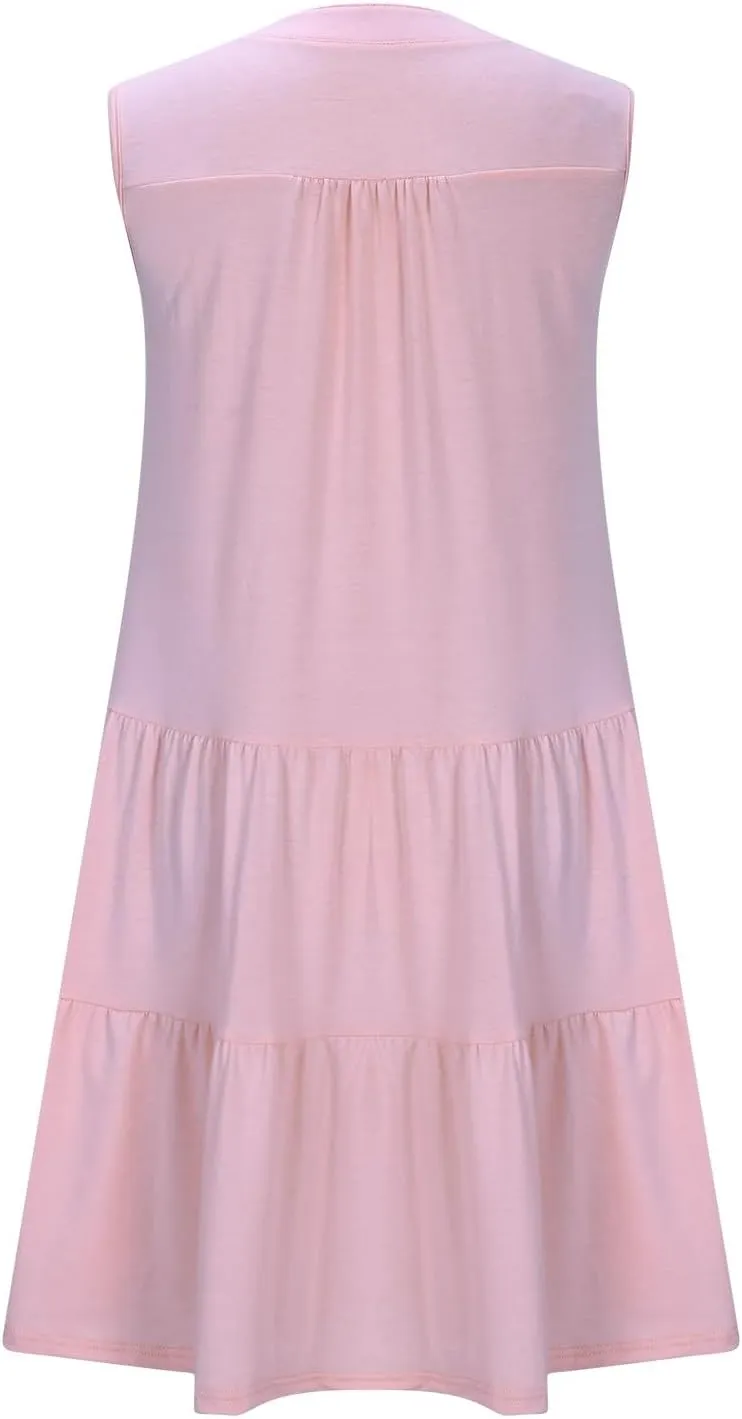 Women's V Neck Mini Dresses Sleeveless Tiered Swing Going Out Beach Sundress Summer Boho Beach Vacation 2025 Outfits
