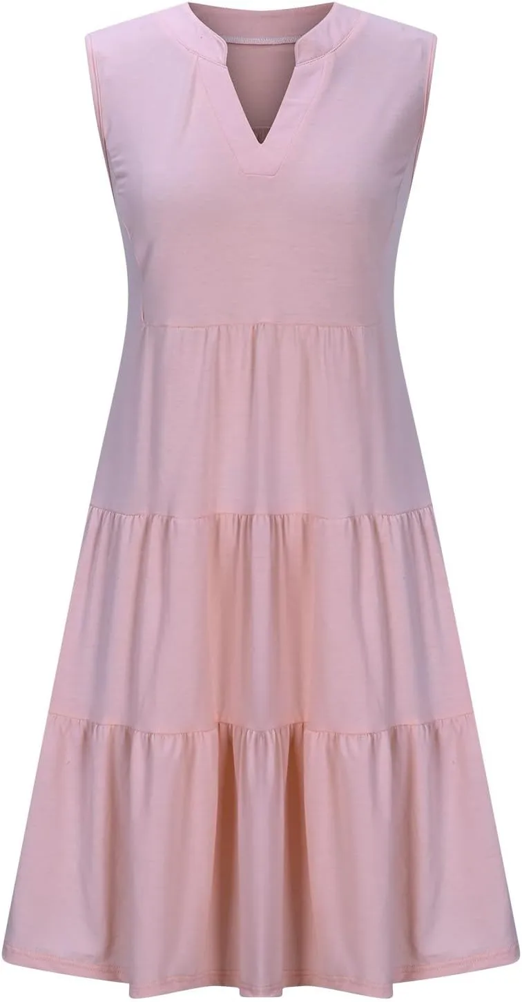 Women's V Neck Mini Dresses Sleeveless Tiered Swing Going Out Beach Sundress Summer Boho Beach Vacation 2025 Outfits