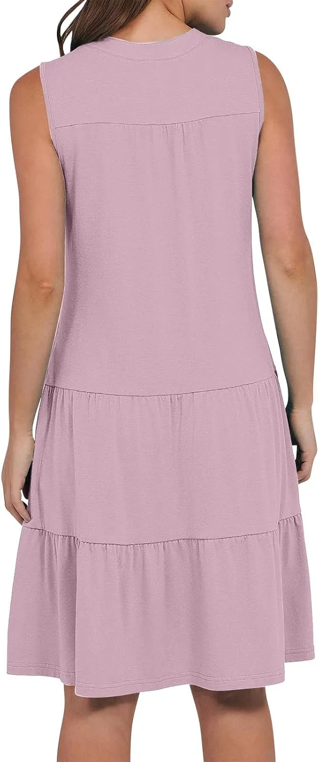 Women's V Neck Mini Dresses Sleeveless Tiered Swing Going Out Beach Sundress Summer Boho Beach Vacation 2025 Outfits