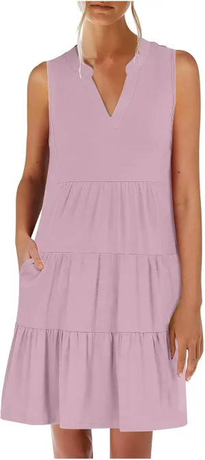 Women's V Neck Mini Dresses Sleeveless Tiered Swing Going Out Beach Sundress Summer Boho Beach Vacation 2025 Outfits