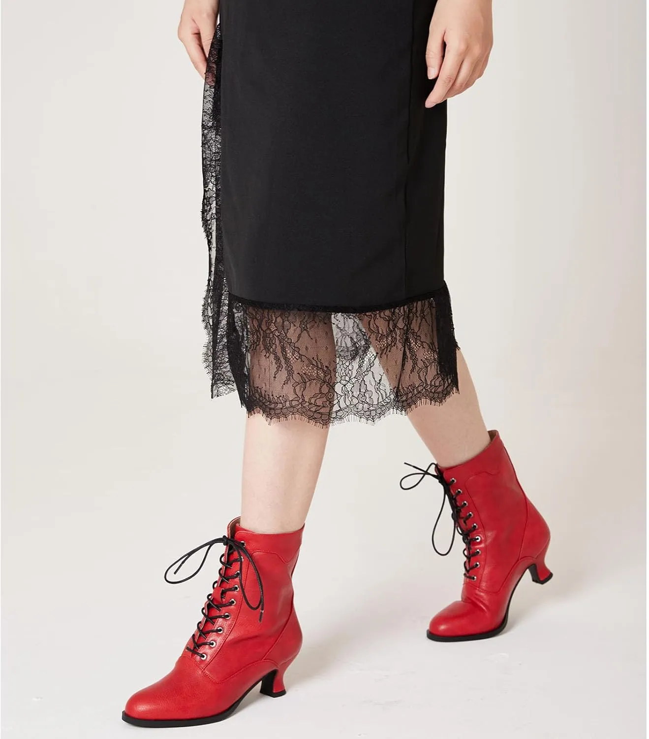 Women's Victorian Ankle Boots - Mid Calf, Round Toe, Black Boots with Chunky Heel & Lace Up Detail