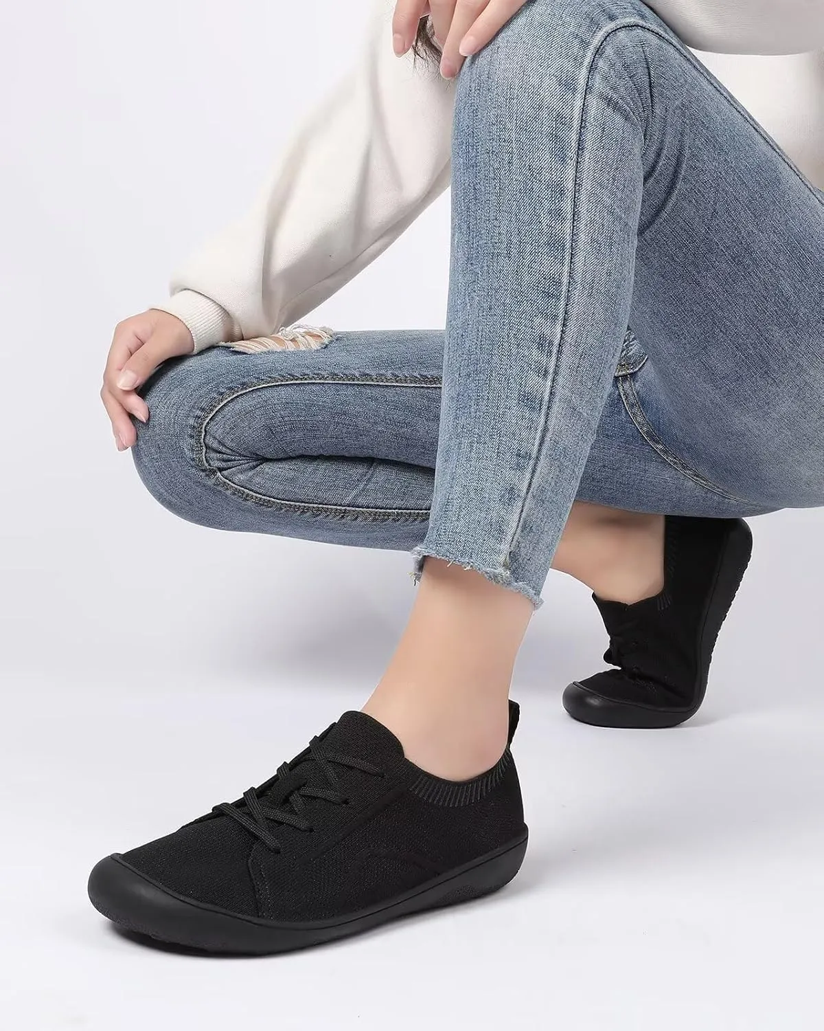 Women's Wide Toe Minimalist Barefoot Walking Shoes Comfort Low Top Knit Lace-up Sneakers Casual Outdoor Tennis Shoes