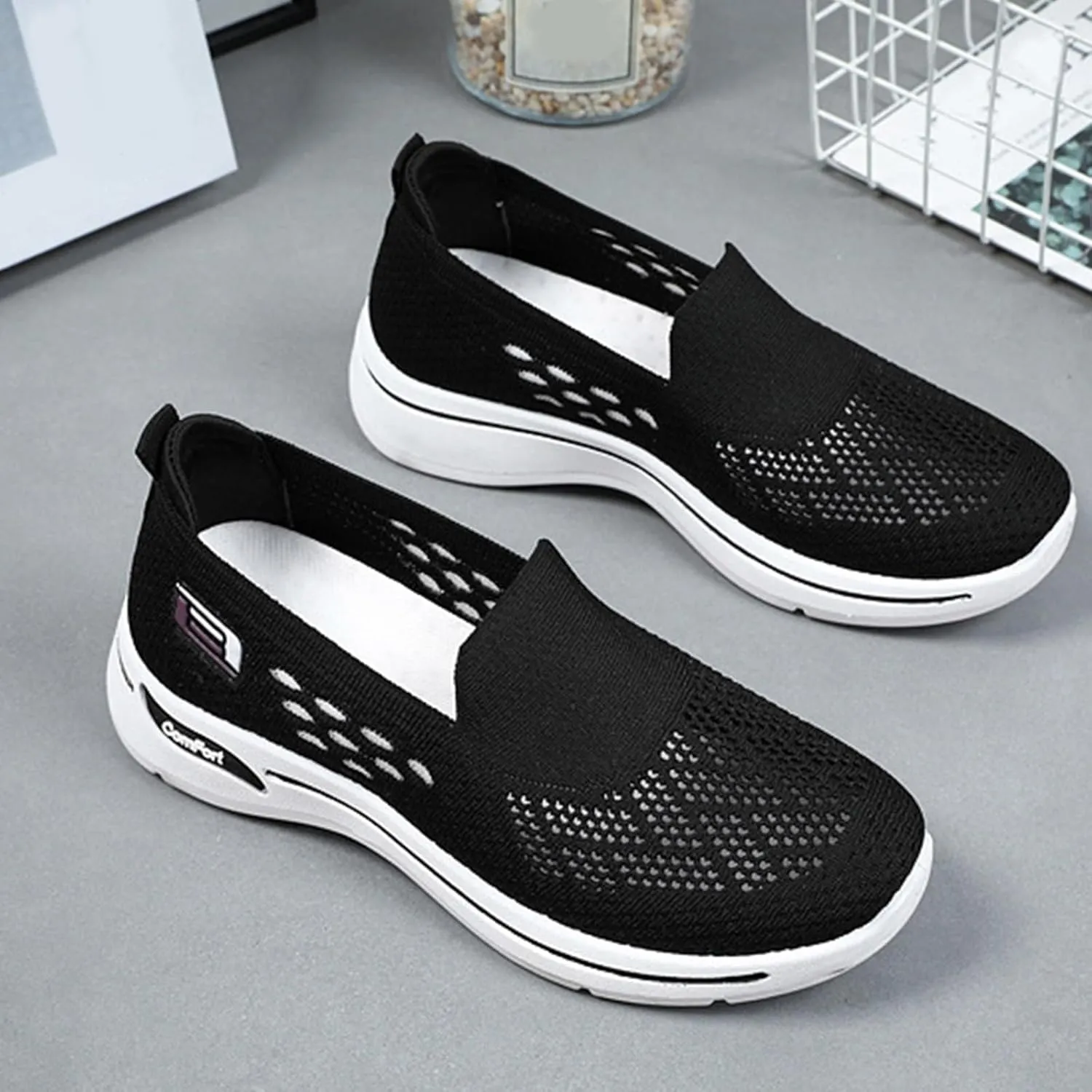 Womens Woven Orthopedic Breathable Soft Shoes Diabetic Foam Slip On Walking Shoes with Arch Support Mesh Anti-Skid Lightweight Sneakers for Women