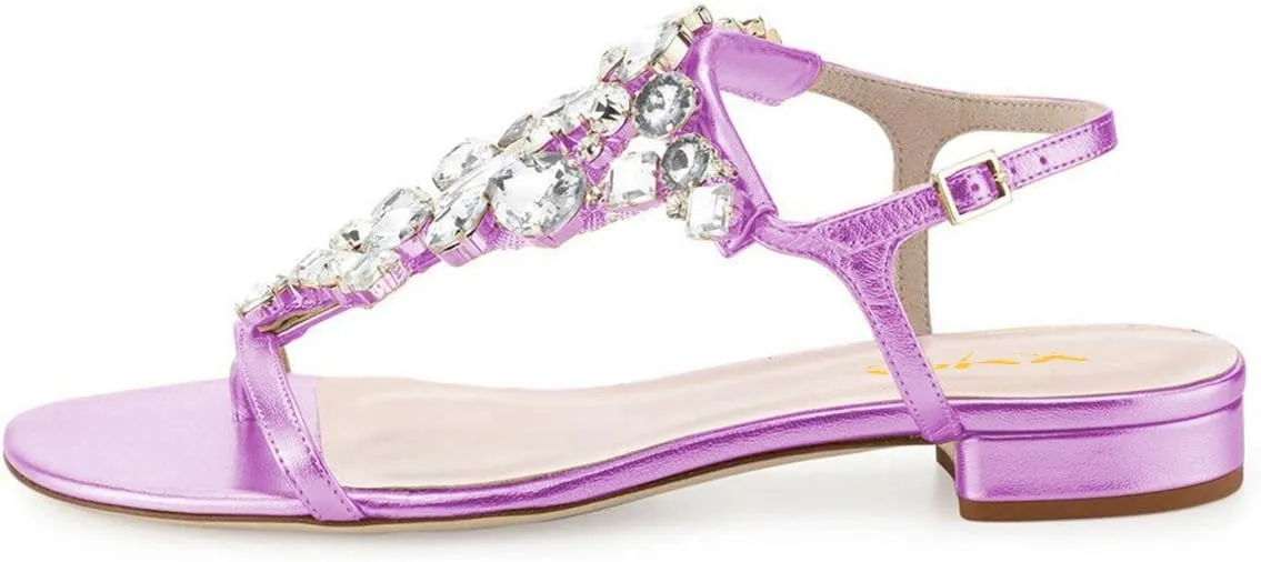 XYD Women T-Strap Flat Sandals Open Toe Rhinestone Slingback Low Heel Ankle Strap Summer Shoes