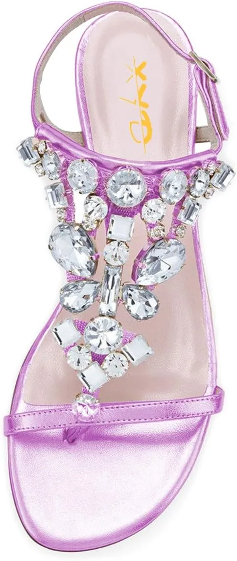 XYD Women T-Strap Flat Sandals Open Toe Rhinestone Slingback Low Heel Ankle Strap Summer Shoes