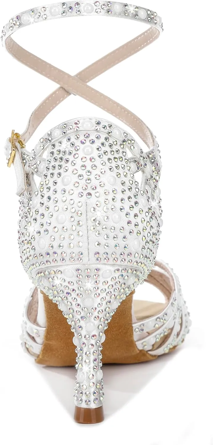 Y205-33 Women's Latin Dance Rhinestone High Heel Shoes Stylish and Comfortable Adjustable Ankle Strap Dance Sandals for Ballroom, Salsa Dance Shoes