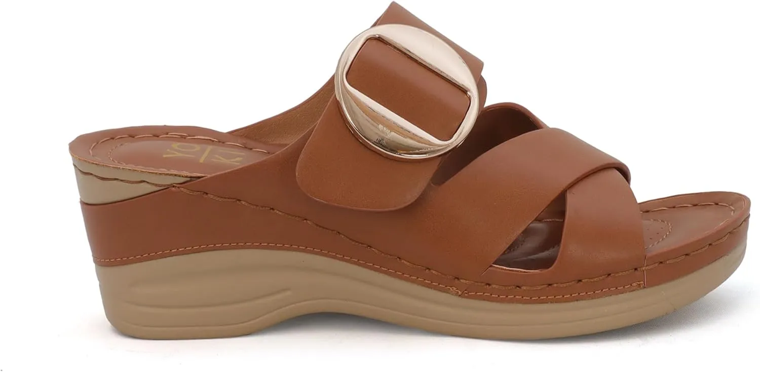 YOKI IRENA Women’s Slides Comfort Wedge Sandals with Crisscross Upper & Buckle, Dressy Sandals Women, Wedge Sandals for Women, Women's Sandals Comfortable, Summer Sandals