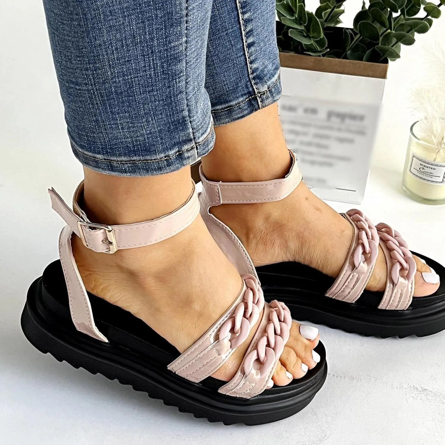 ZBYY Women Flat Sandals Summer Chunky Flatform Sandals Dressy Fashion Open Toe Slingback Crisscross Ankle Strap Sandals