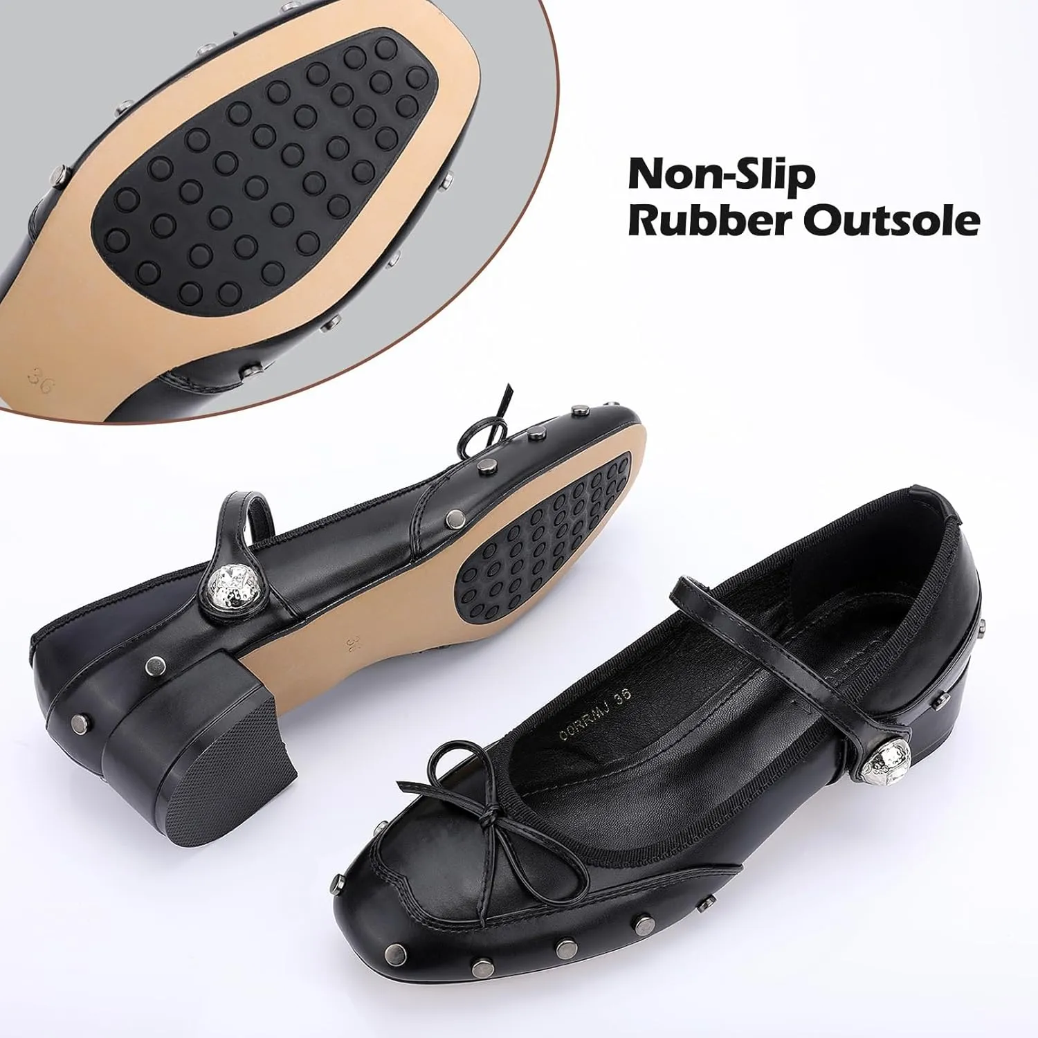 Zelaprox Square Toe Mary Jane Pumps Shoes Rhinestone Buckle Strap with Rivet Studded Closed Toe Chunky Low Heels Commfortable Shoes for Work Dress