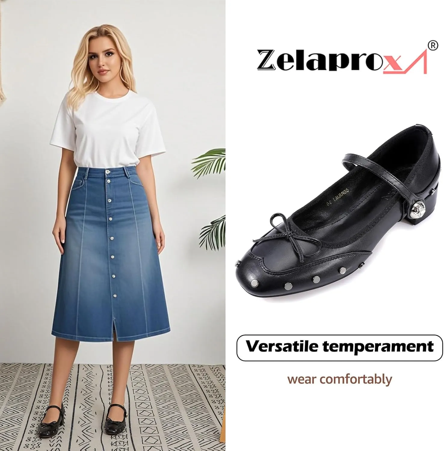 Zelaprox Square Toe Mary Jane Pumps Shoes Rhinestone Buckle Strap with Rivet Studded Closed Toe Chunky Low Heels Commfortable Shoes for Work Dress