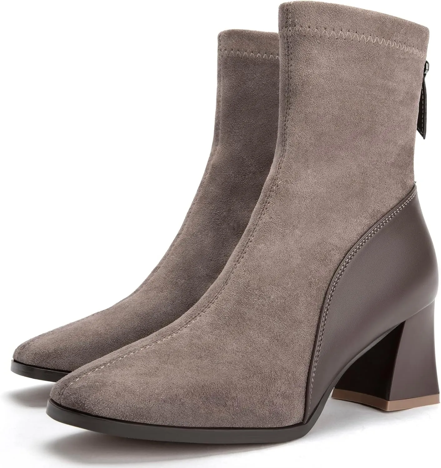 Zelaprox Women's Square Toe Ankle Boots Low Block Heel Chelsea Boots Back Zipper Comfortable Mid Calf Booties Shoes