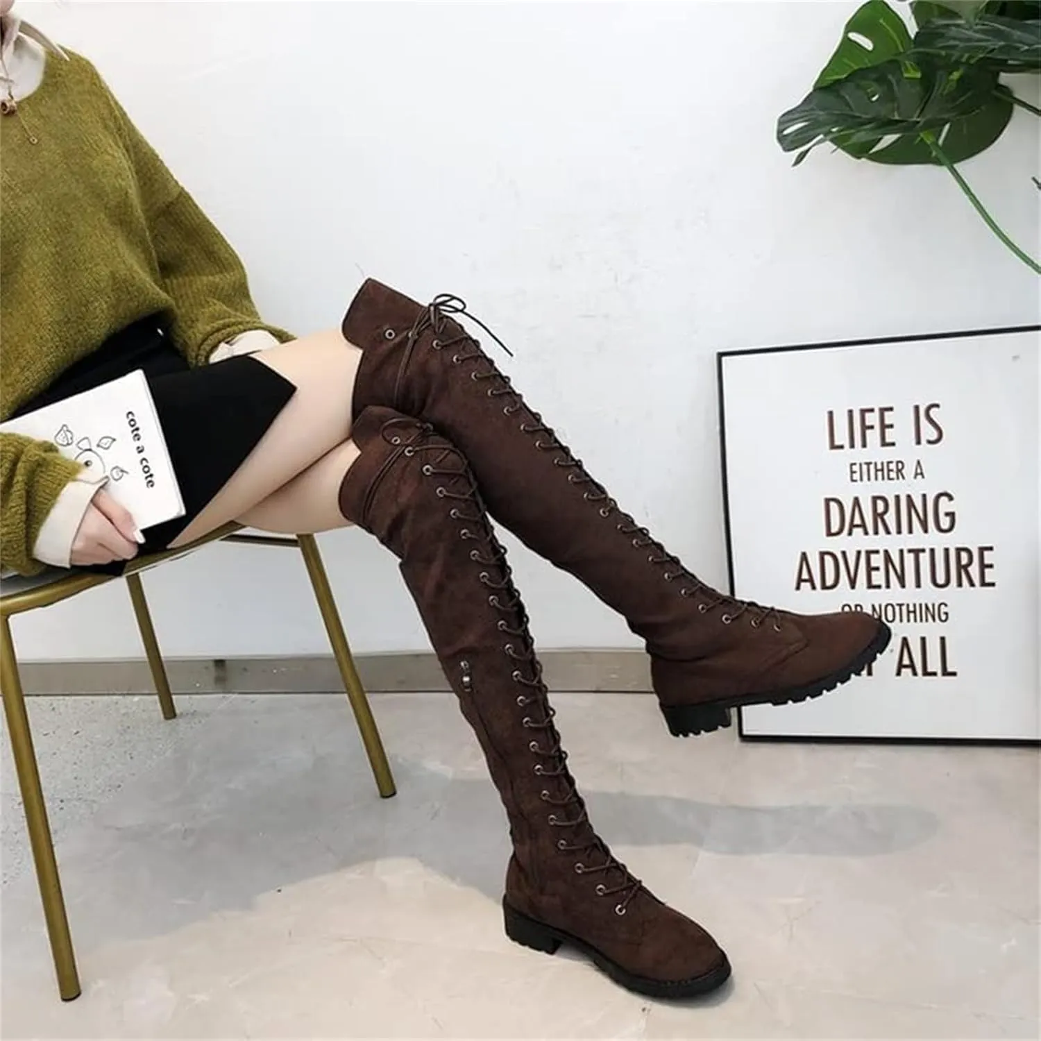 ZHOUYF Womens Over The Knee Boots Fashion Faux Suede Winter Stretchy Tall Boots Lace Up Low Heel Thigh High Riding Boots for Women