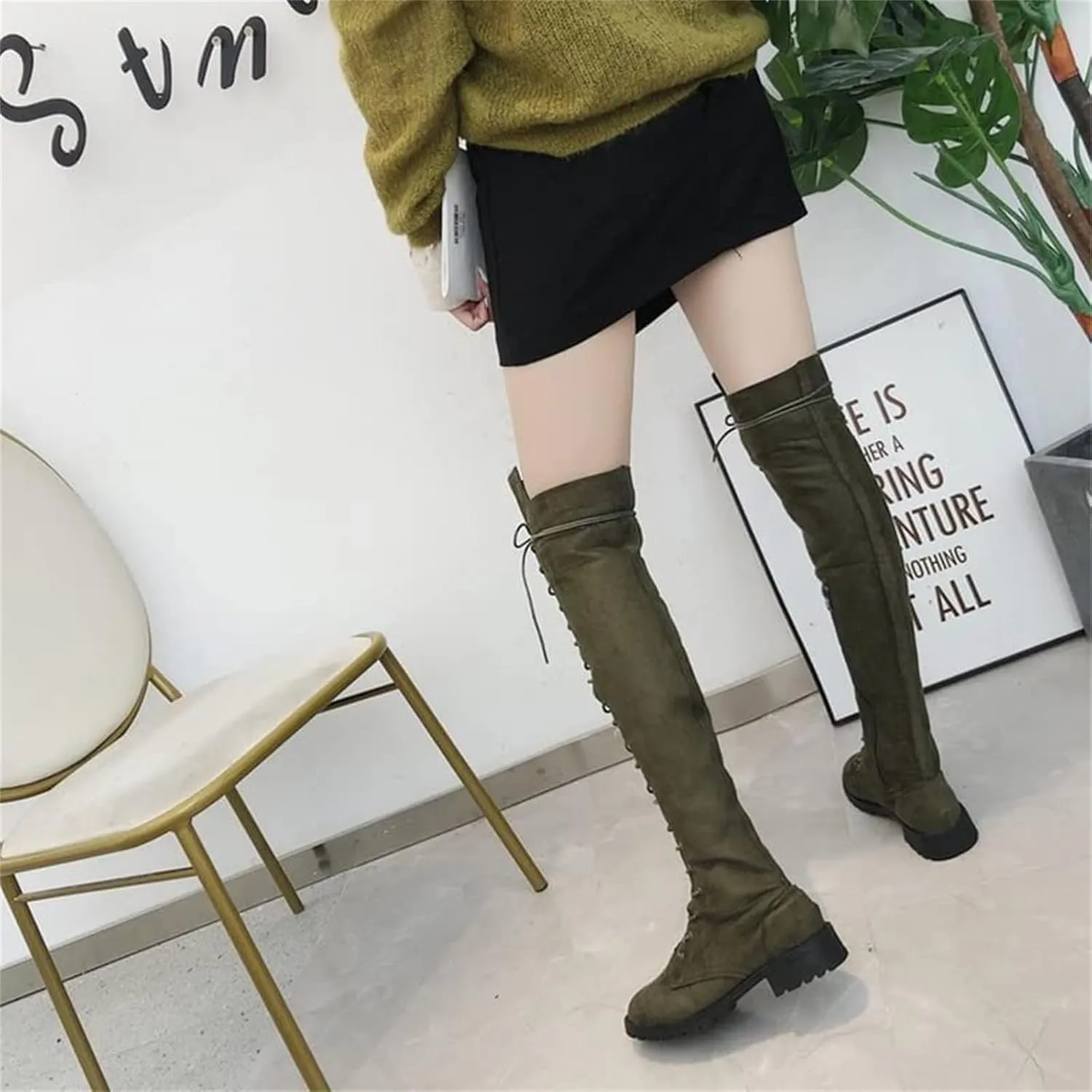 ZHOUYF Womens Over The Knee Boots Fashion Faux Suede Winter Stretchy Tall Boots Lace Up Low Heel Thigh High Riding Boots for Women