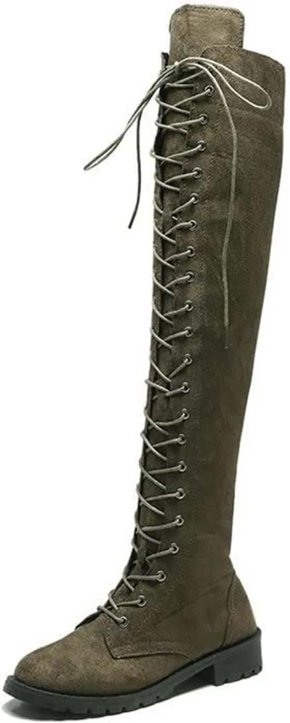 ZHOUYF Womens Over The Knee Boots Fashion Faux Suede Winter Stretchy Tall Boots Lace Up Low Heel Thigh High Riding Boots for Women