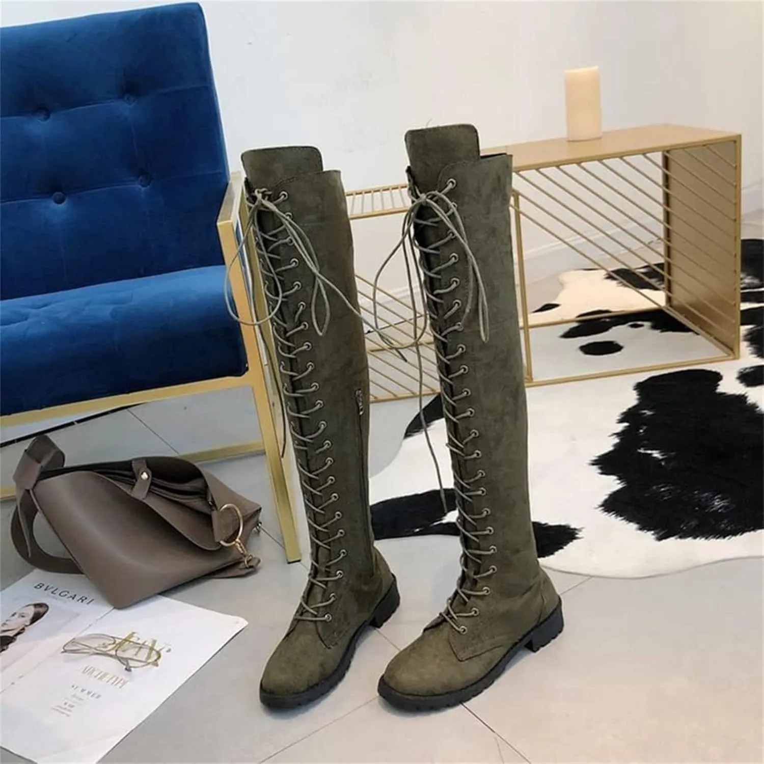 ZHOUYF Womens Over The Knee Boots Fashion Faux Suede Winter Stretchy Tall Boots Lace Up Low Heel Thigh High Riding Boots for Women