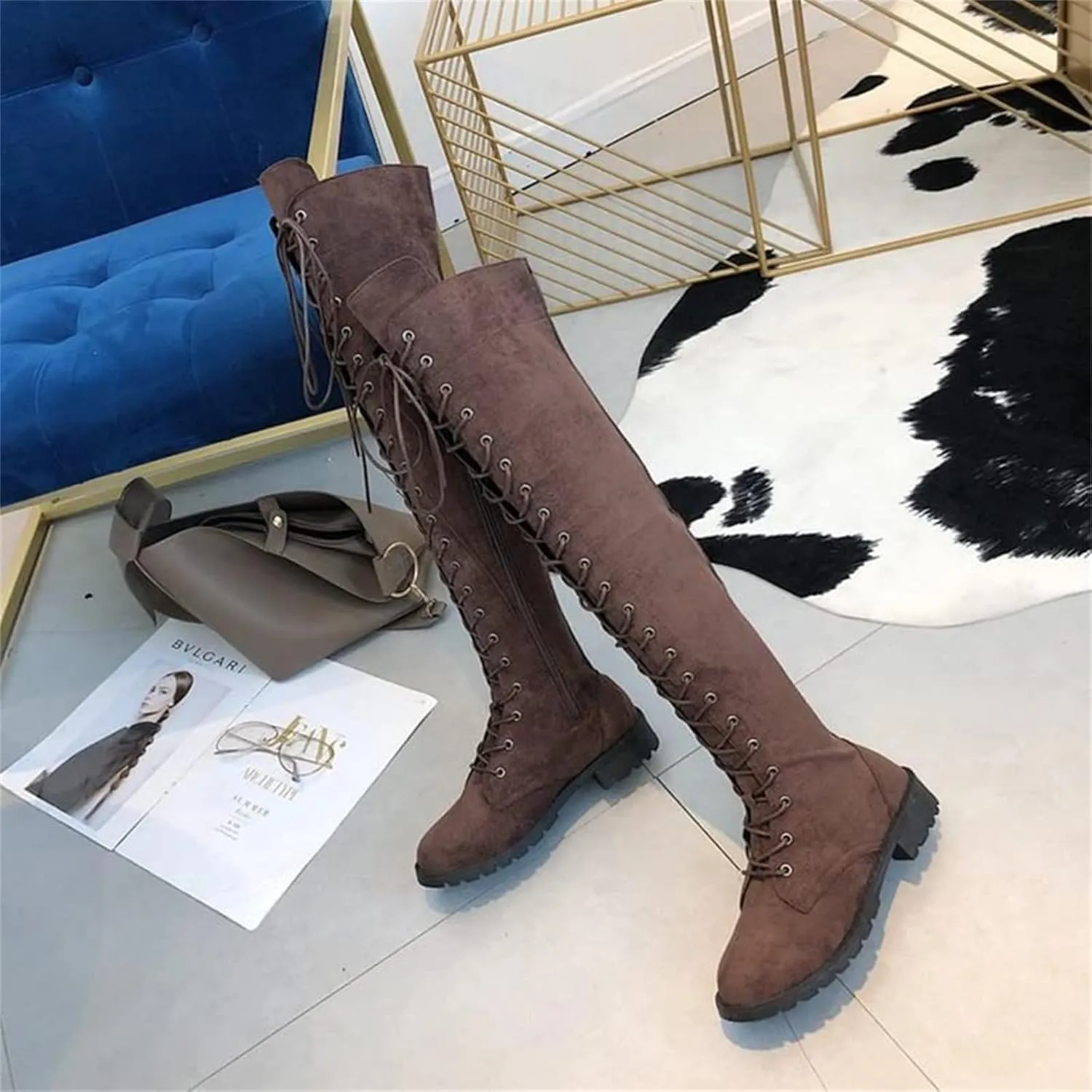 ZHOUYF Womens Over The Knee Boots Fashion Faux Suede Winter Stretchy Tall Boots Lace Up Low Heel Thigh High Riding Boots for Women