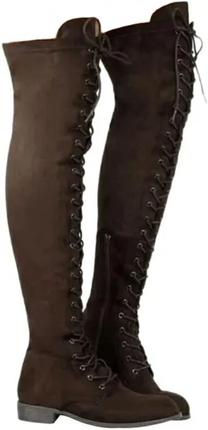 ZHOUYF Womens Over The Knee Boots Fashion Faux Suede Winter Stretchy Tall Boots Lace Up Low Heel Thigh High Riding Boots for Women