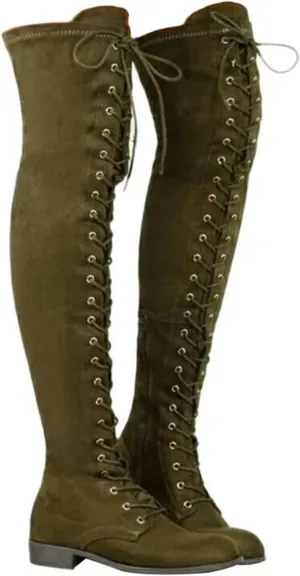 ZHOUYF Womens Over The Knee Boots Fashion Faux Suede Winter Stretchy Tall Boots Lace Up Low Heel Thigh High Riding Boots for Women