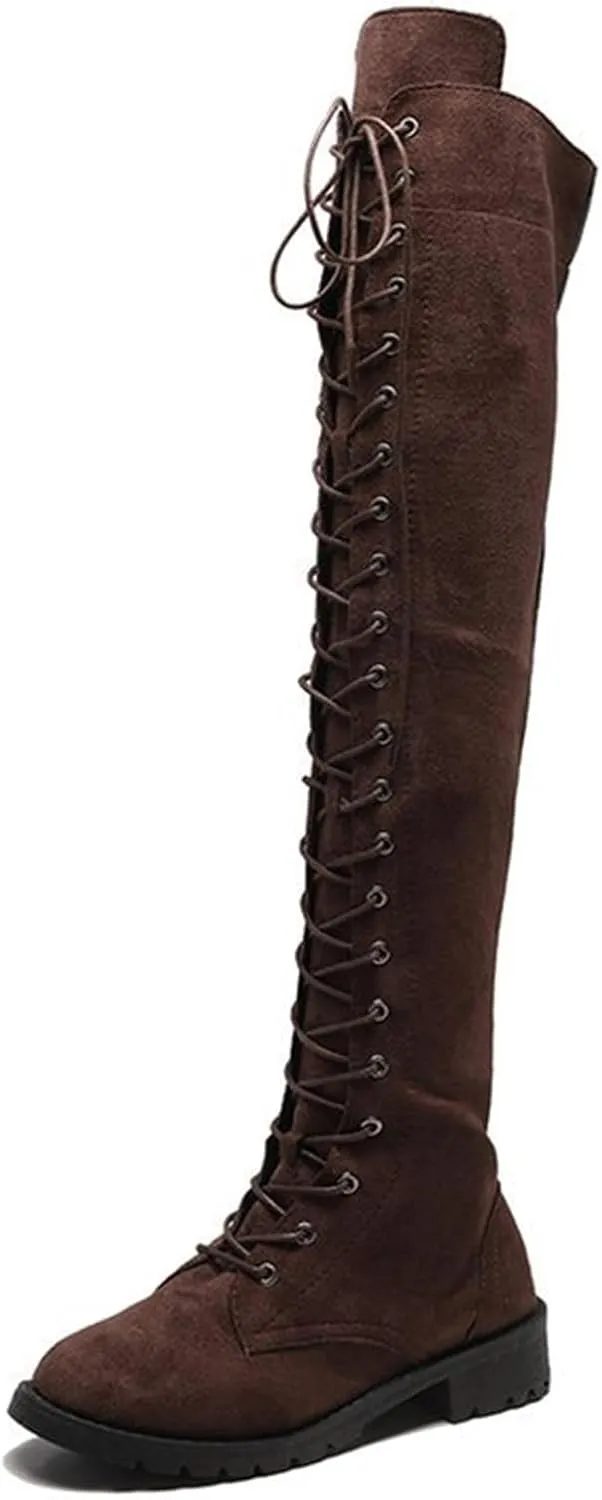 ZHOUYF Womens Over The Knee Boots Fashion Faux Suede Winter Stretchy Tall Boots Lace Up Low Heel Thigh High Riding Boots for Women
